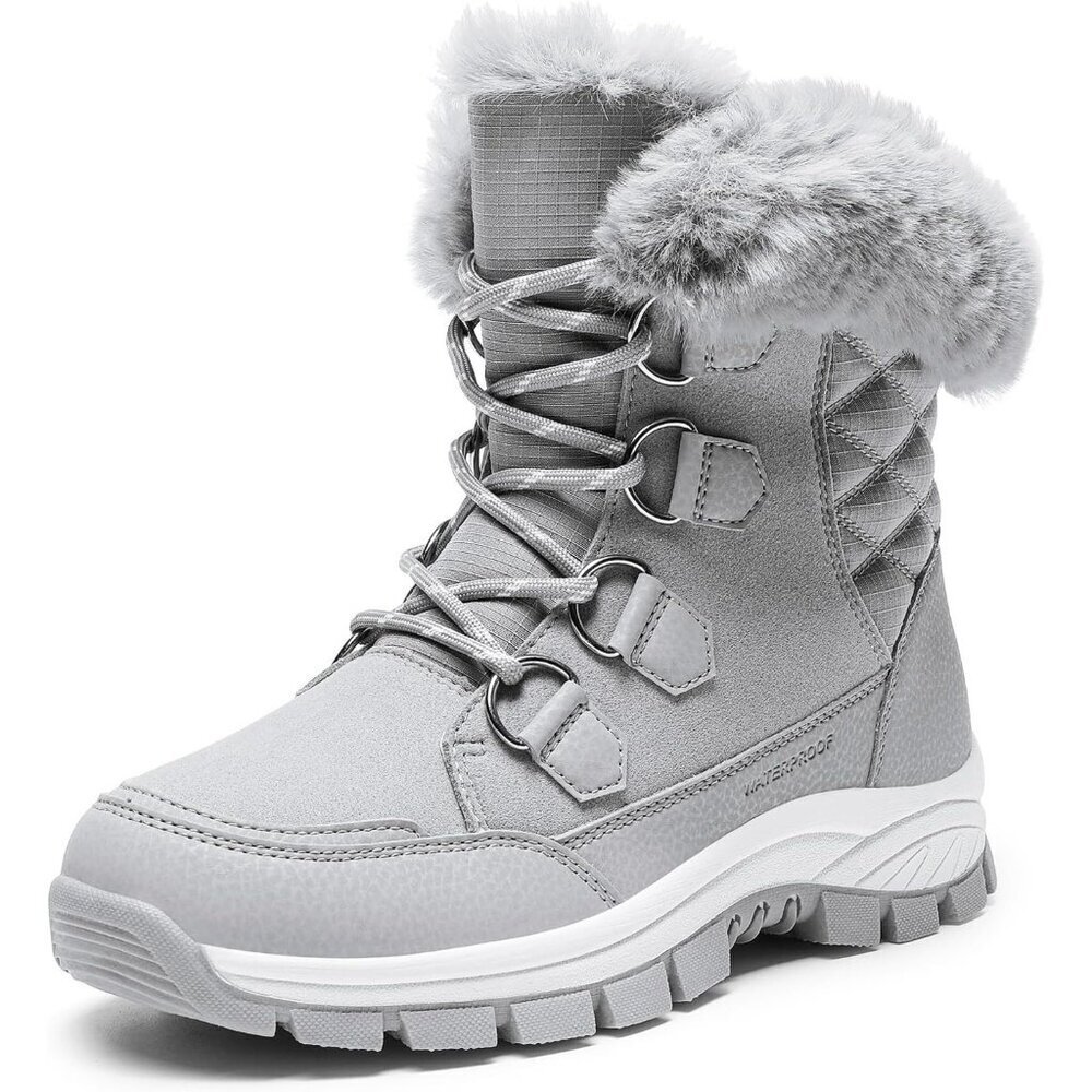 Women’s Grey Waterproof Snow Boots Warm Faux Fur Lace Up Mid Calf